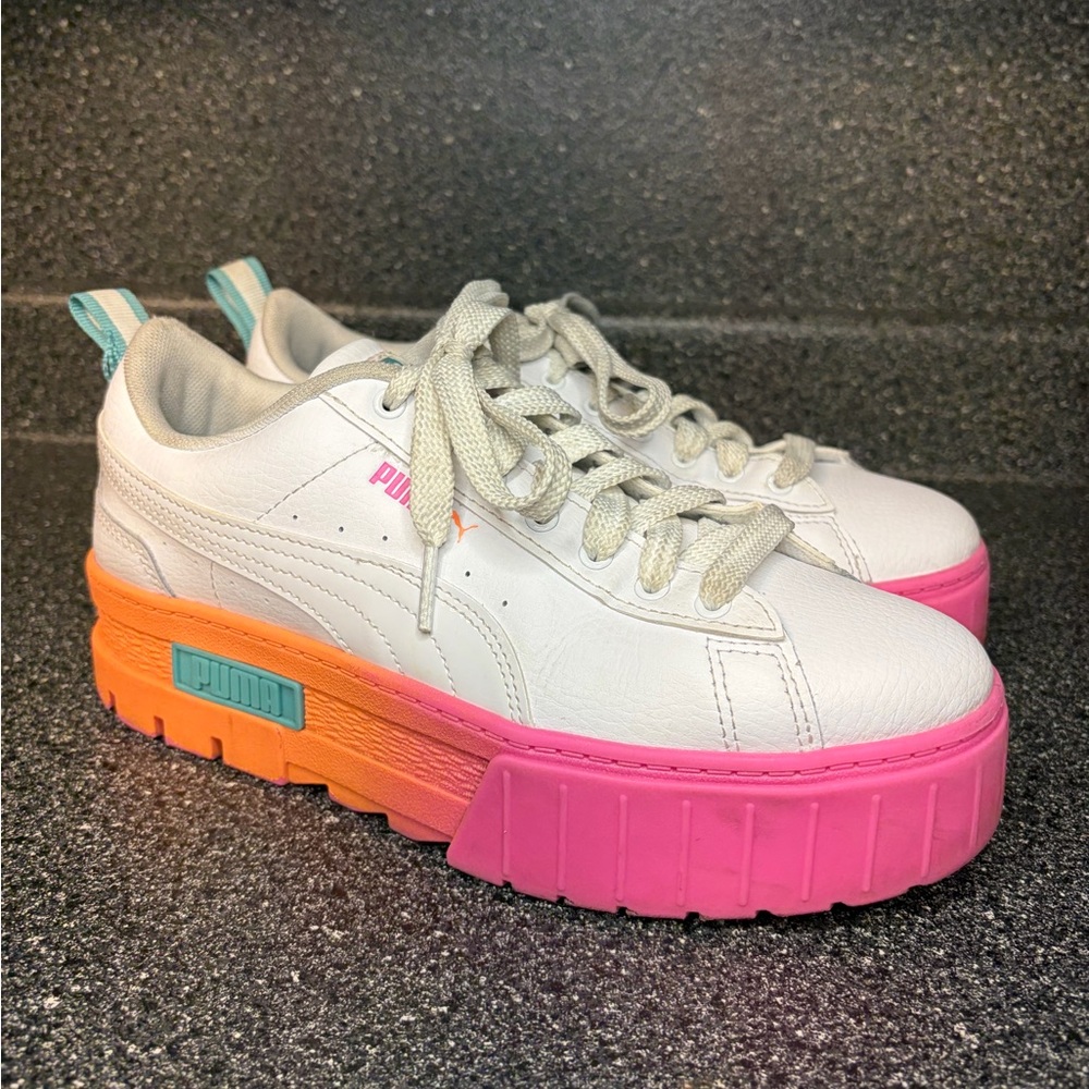 Puma White Platform Sneakers with Pink and Orange Gradient Sole